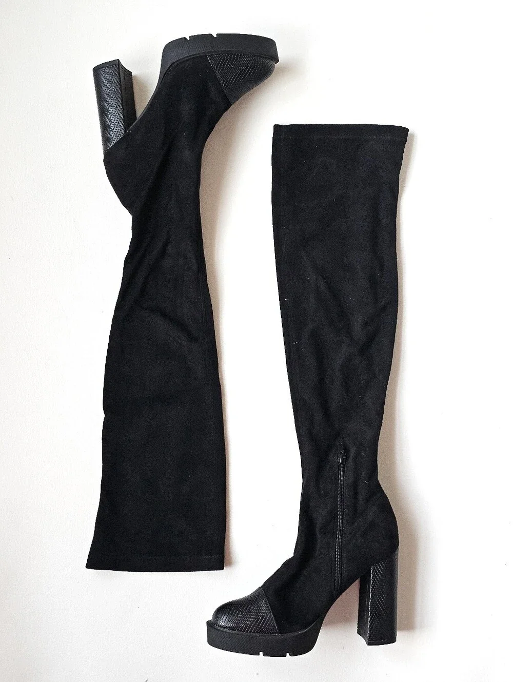 Forever 21 Black Over The Knee Stretch Boots Chunky Block Heel Platform Size 7